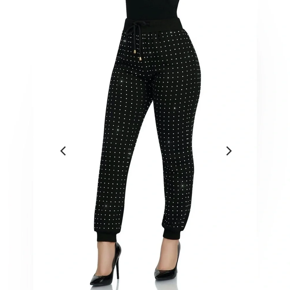 Kosmios Black Rhinestone Studded Two-Piece Sweatsuit | Top M / Pants L